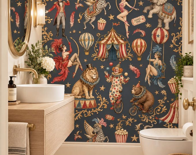 Vintage Circus Wallpaper, Whimsical Animal & Aerialist Print, Dark Navy Statement Wall Decor for Bedroom