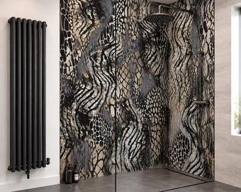 Animal Print Abstract Shower Panel – Black, Cream & Gold Zebra Snake Pattern Bathroom Wall Panel, Luxury Waterproof Statement Shower Wall