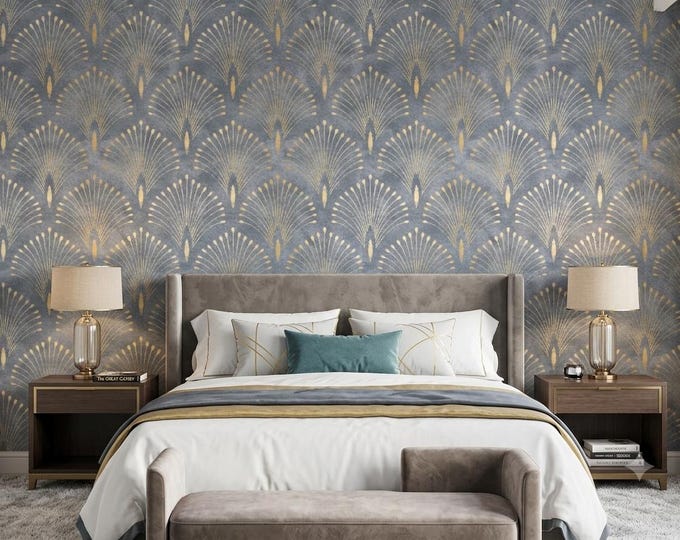Art Deco Peacock Fan Pattern Wallpaper, Luxury Grey and Gold Geometric Wall Mural