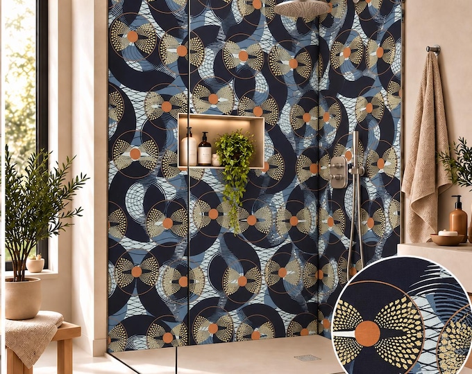 Retro Vinyl Record Shower Panel – Navy, Gold & Burnt Orange Music Bathroom Wall Panel, Mid Century Waterproof Shower Wall