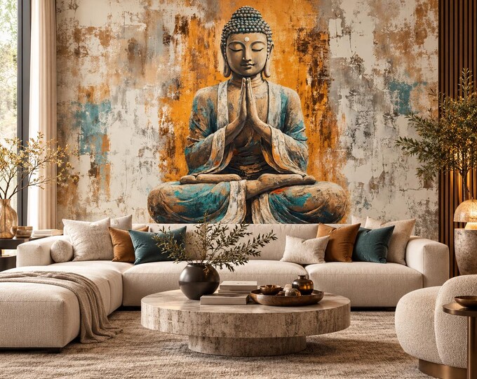 Buddha Wallpaper Mural | Zen Meditation Wall Art | Orange Teal Spiritual Wallpaper