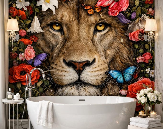 Floral Lion Shower Wall Panel, Waterproof Bathroom Feature Wall