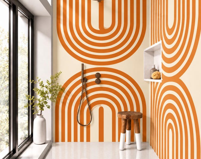 Retro Arch Shower Panel – Burnt Orange & Cream Geometric Bathroom Wall Panel, Mid Century Modern Waterproof Shower Wall