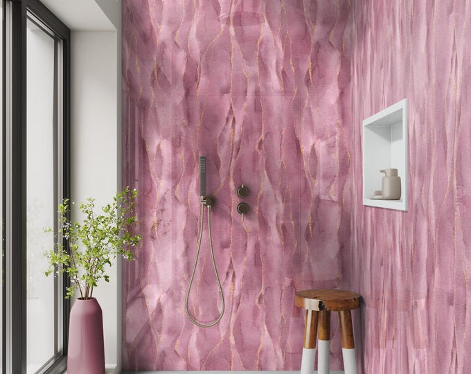 Kintsugi Pink Shower Panel, Custom Made Waterproof ACM Feature Wall, Grout-Free Luxury Bathroom Cladding