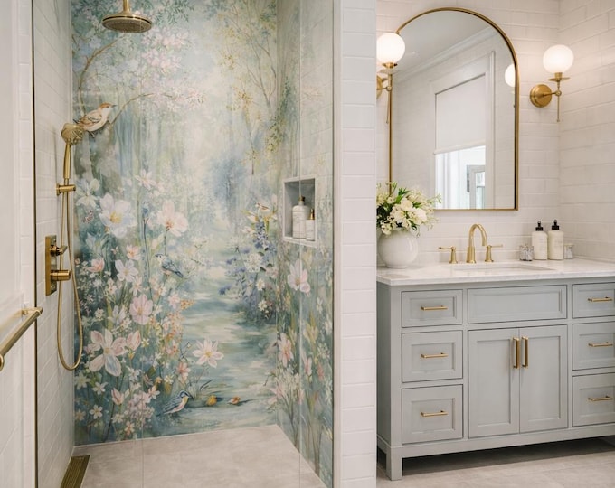 Pastel Woodland Shower Panel 48" x 96", Waterproof Bathroom Cladding, Modern Tile Alternative