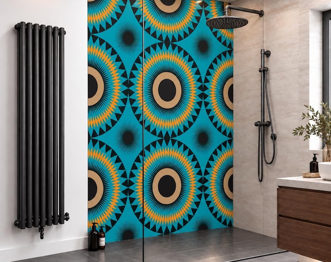 Azura Sunburst Shower Panel – Turquoise Orange African Geometric Bathroom Wall Panel – Bold Tribal Waterproof Shower Splashback