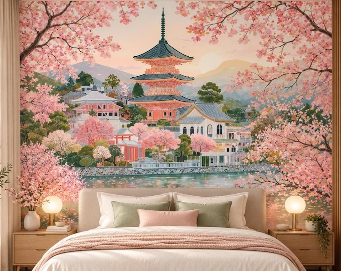 Kyoto in Bloom Wallpaper | Pagoda Wall Mural | Pink Sakura Landscape Wallpaper