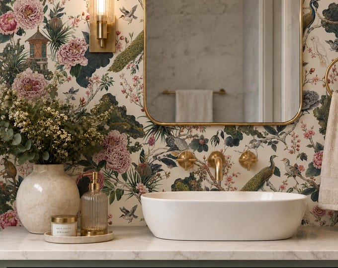 Forest Green Chinoiserie Wallpaper, Monkey and Peacock, Floral Peel and Stick Wall Mural