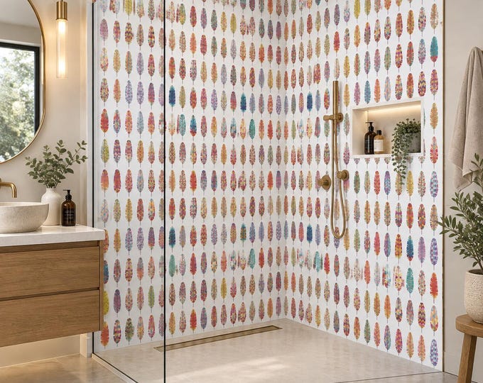Boho Rainbow Feather Shower Panel, Colourful Waterproof Bathroom Wall Panel