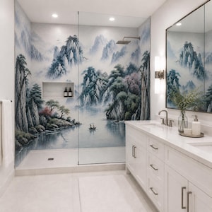 May include: A bathroom with a scenic mural of a mountain landscape. The mural features a lake, trees, and mountains in shades of blue, green, and gray. The room has a white vanity with a mirror, a glass shower, and a rain shower head.
