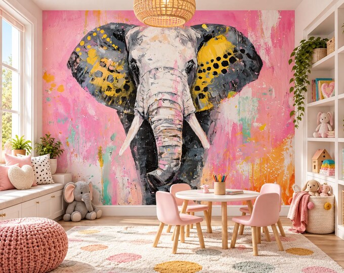 Pink Pop Elephant Wallpaper Mural | Safari Animal Wallpaper | Girls Bedroom Statement Mural