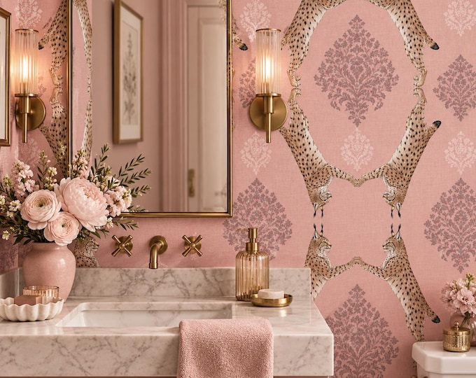 Pink Lynx Damask Wallpaper, Blush Animal Print, Whimsical Floral Medallions (Custom Size)