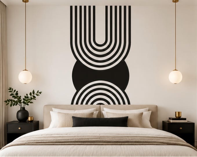Black & White Geometric Wallpaper | Retro Arch Wall Mural | Minimalist Mid Century Wallpaper