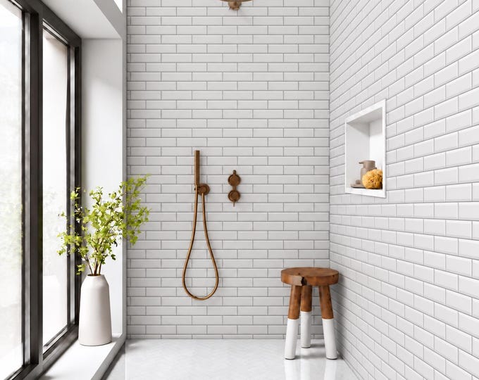 Canvas Herringbone Shower Panel, White Brick Wall Mural, Waterproof Subway Tile Decor