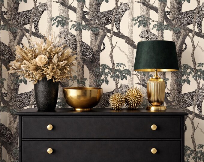 Forest Leopard Wallpaper – Vintage Botanical Jungle Mural, Wildlife Wall Decor, Elegant Safari Print