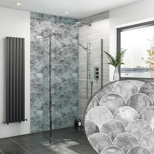 May include: A modern bathroom with gray and white fish scale tile on the shower wall. A black radiator is on the left, and a glass shower door is in the center. A window with a view is on the right.
