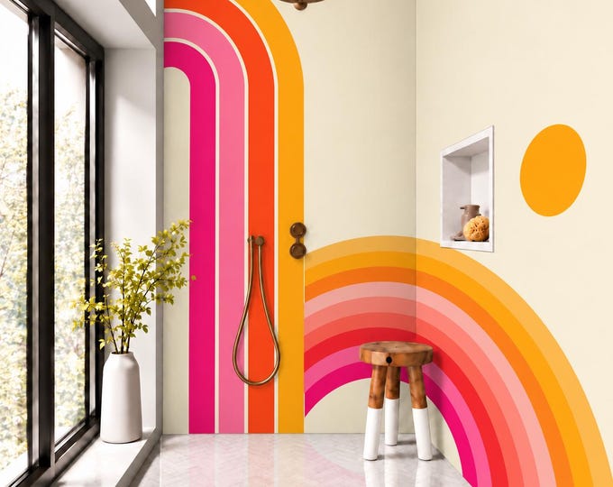 Retro Rainbow Arch Shower Panel – Orange, Pink & Cream Geometric Bathroom Wall Panel, Mid Century Modern Waterproof Shower Wall