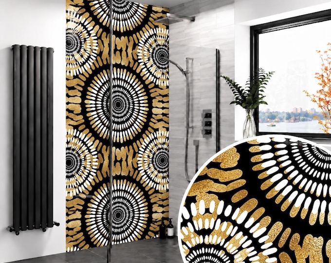 Black Gold Tribal Shower Panel – Geometric African Inspired Bathroom Wall Panel, Bold Boho Waterproof Shower Wall, Luxury Statement Decor