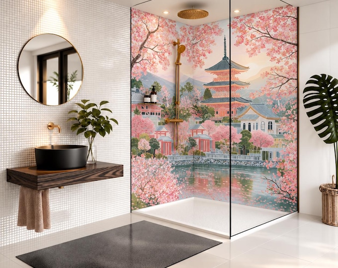 Japanese Cherry Blossom Shower Panel – Pink Pagoda & Sakura Bathroom Wall Panel, Oriental Garden Waterproof Shower Wall, Japandi Decor