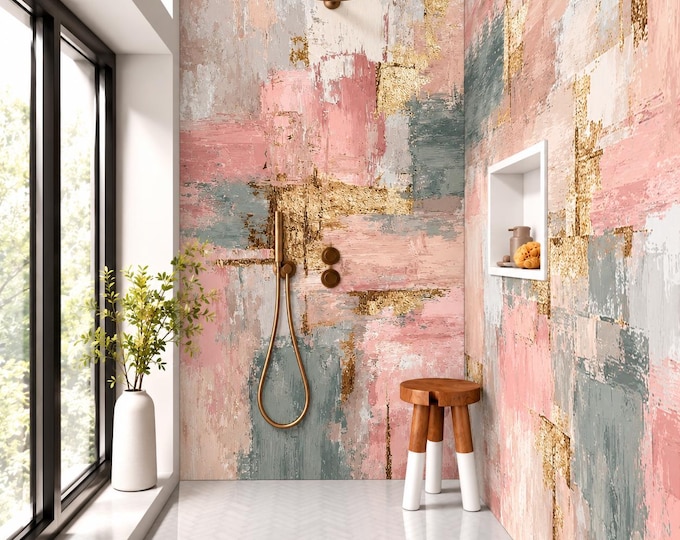 Golden Blush Abstract Shower Panel – Pink Sage & Gold Bathroom Wall Panel – Luxury Modern Waterproof Shower Splashback
