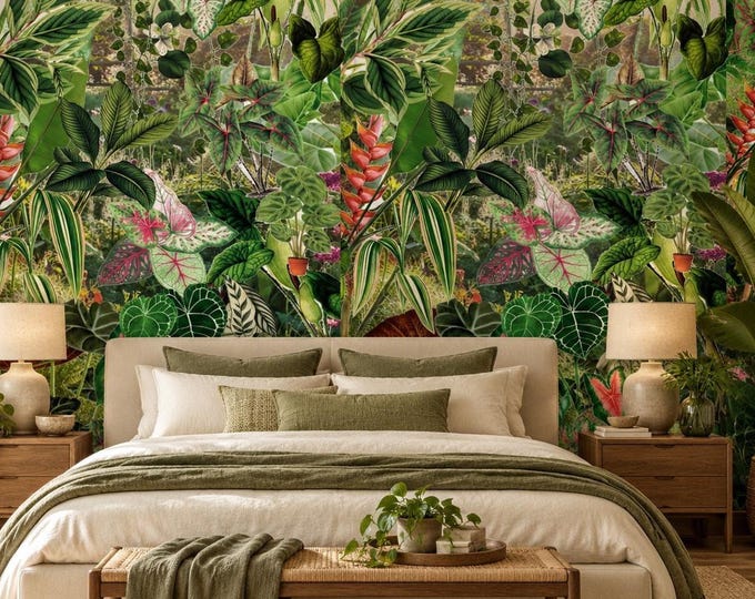 Lush Tropical Jungle Wallpaper Mural | Green Botanical Wall Mural | Exotic Leaf Wallpaper