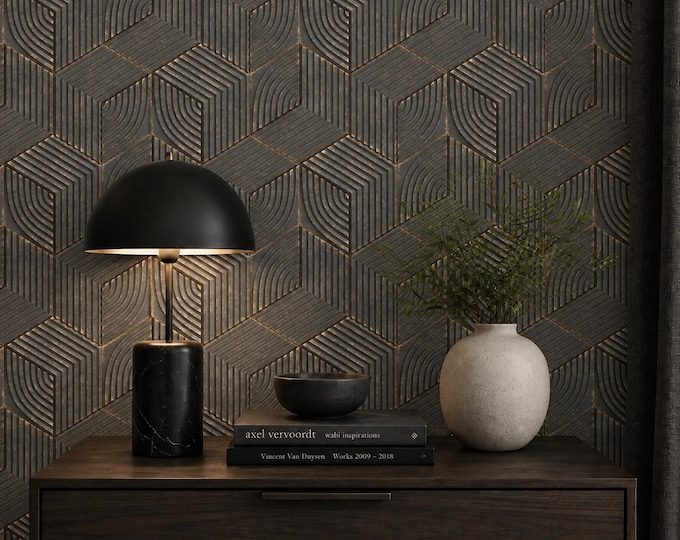 Obsidian Cube Geometric Wallpaper, Charcoal Bronze Hexagon Pattern, Art Deco Wall Decor