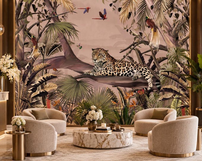 Leopard Jungle Wallpaper Mural | Tropical Big Cat Wall Mural | Exotic Bird Botanical Wallpaper