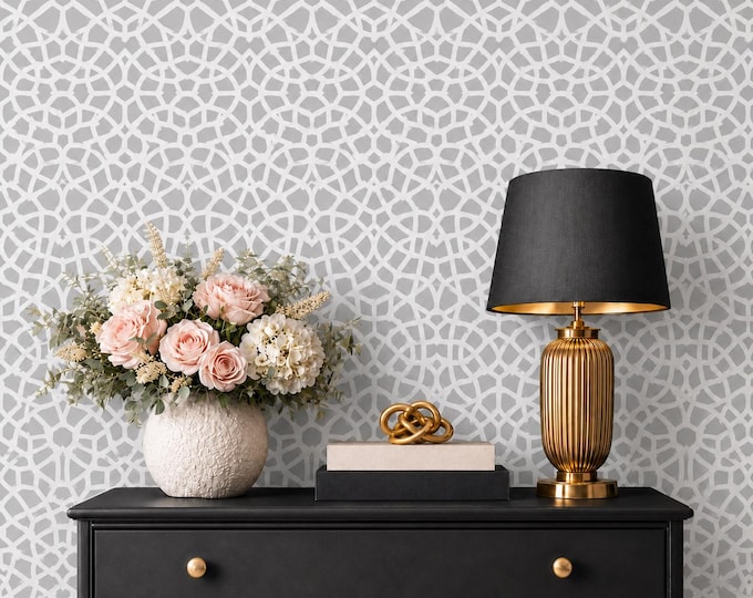 Moroccan Mosaic Wallpaper, Geometric Peel and Stick Wall Mural (Gray/White)