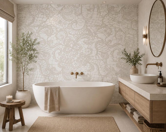 Ivory Lace Bloom Wallpaper, Floral Lace Pattern, Neutral Romantic Wall Decor