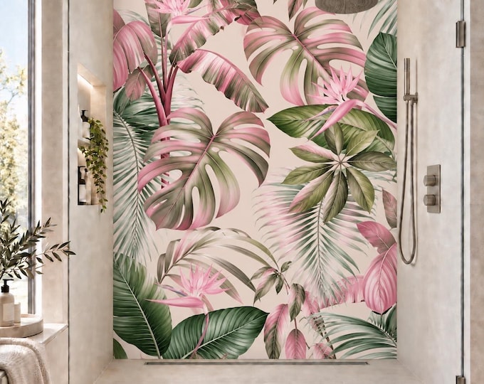 Blush Tropica Shower Panel – Pink & Green Tropical Leaf Bathroom Wall Panel – Botanical Waterproof Shower Splashback