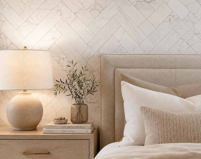 White Marble Herringbone Wallpaper, Gray Vein Geometric Tile Look (Custom Size)