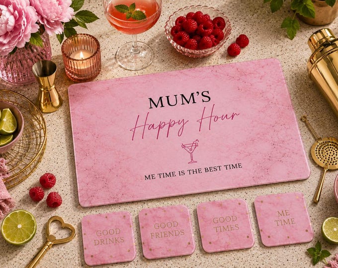Personalised Glass Chopping Board, Matching Coasters, Bar Sign, Mum's Happy Hour Home Bar Gift