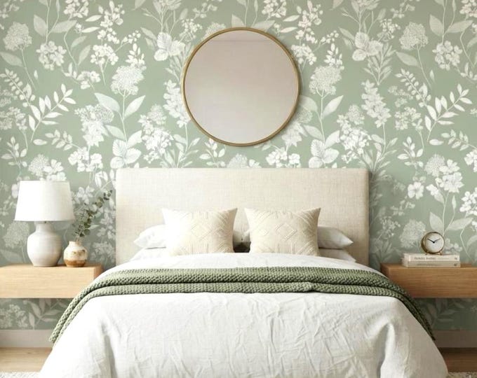 Botanical Whisper Sage Green Wallpaper, White Floral Wallpaper, Soft Botanical Wall Decor, Cottagecore Bedroom Nursery Wallpaper