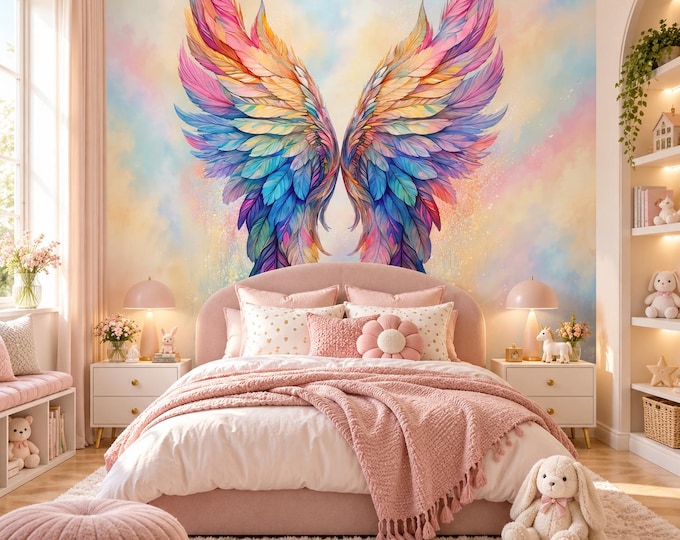 Angel Wings Wallpaper | Colourful Feather Wall Mural | Pastel Boho Wings Wallpaper
