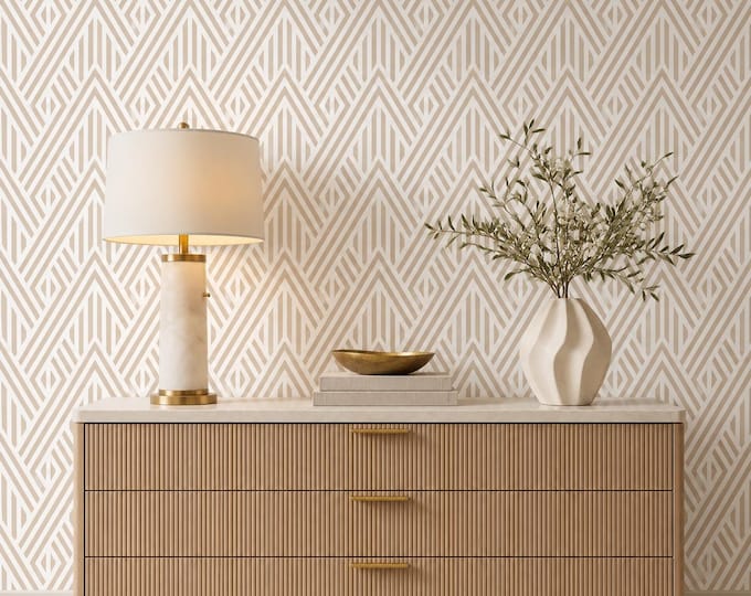 Urban Chevron Beige Geometric Wallpaper, Art Deco Line Pattern, Neutral Modern Wall Decor