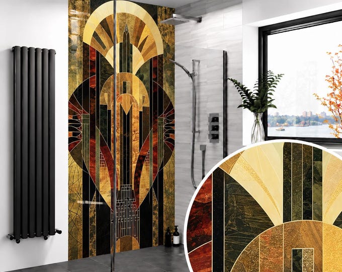 Art Deco Geometric Shower Panel – Black Gold Bronze Luxury Bathroom Wall Panel – Gatsby Style Waterproof Shower Splashback
