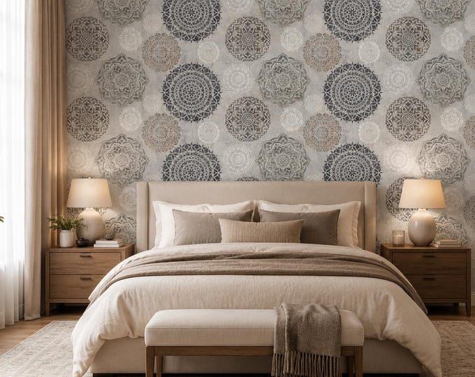 Mandala Stone Effect Wallpaper, Neutral Gray Taupe Medallion Pattern, Boho Geometric Wall Decor