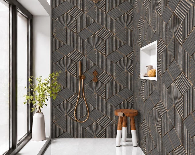 Dark Grey Textured Cube Shower Panel, 3D Art Deco Bathroom Wall Cladding (Waterproof)