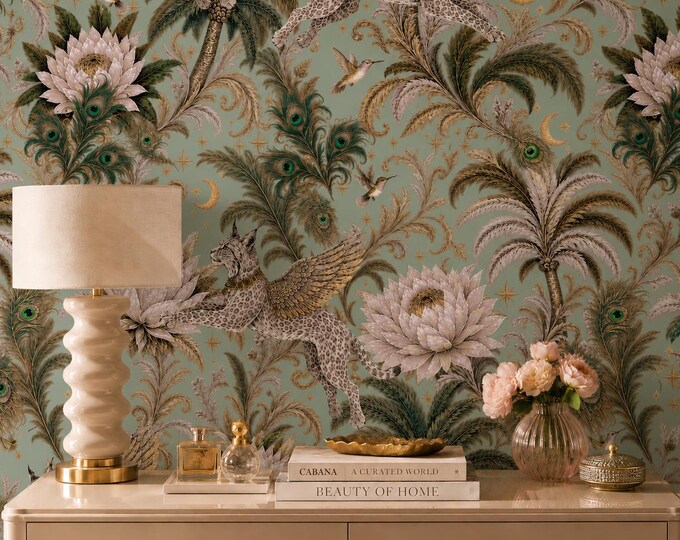 Gold Brass Winged Lynxes and Emerald Palms on Duck Egg background, Botanical Wall Mural, Lush Floral Feature Wall