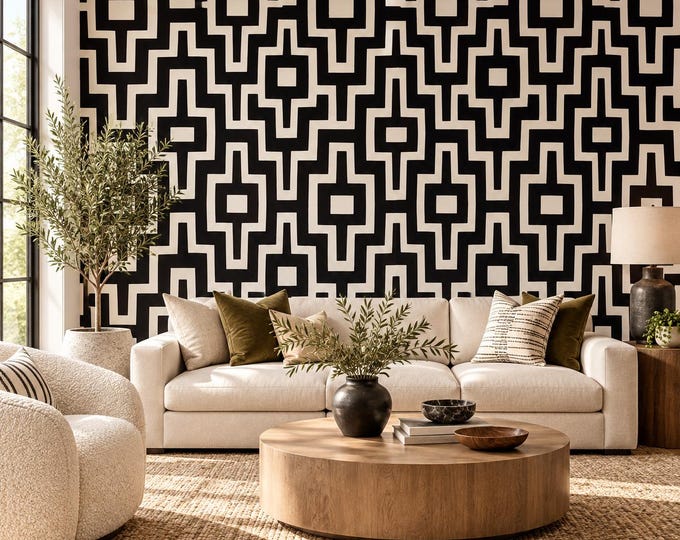 Monochrome Maze Geometric Wallpaper | Retro Maze Wall Mural | Bold Monochrome Wallpaper