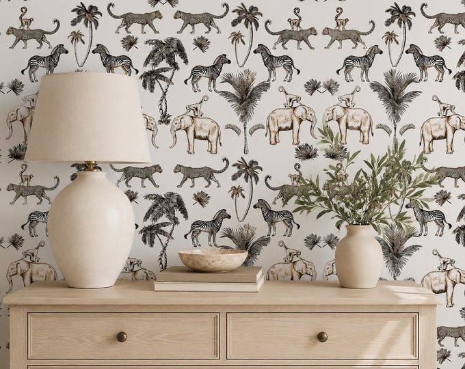 Savanna Soirée Safari Wallpaper, Vintage Animal Print, Neutral Nursery Decor