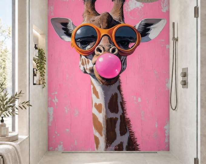 Bubblegum Giraffe Shower Wall Panel, Pink Animal Bathroom Wall Cladding