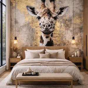 May include: A bedroom with a giraffe head mural as a focal point above a bed with neutral bedding. The room includes wooden bedside tables, pendant lights, and a bench at the foot of the bed. The color scheme is soft and natural, with a gold accent.