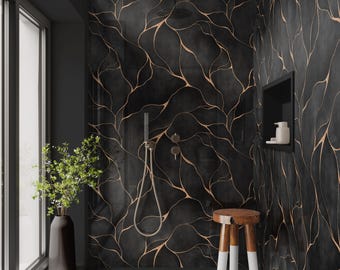 Kintsugi Black Shower Panel, Custom Made Waterproof ACM Feature Wall, Grout-Free Luxury Bathroom Cladding