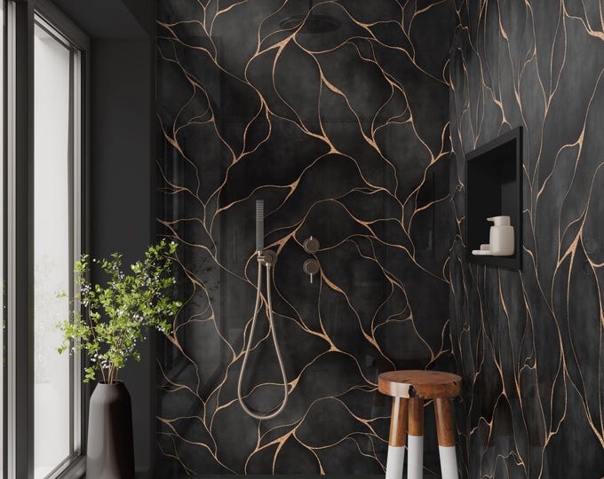 Kintsugi Black Shower Panel, Custom Made Waterproof ACM Feature Wall, Grout-Free Luxury Bathroom Cladding