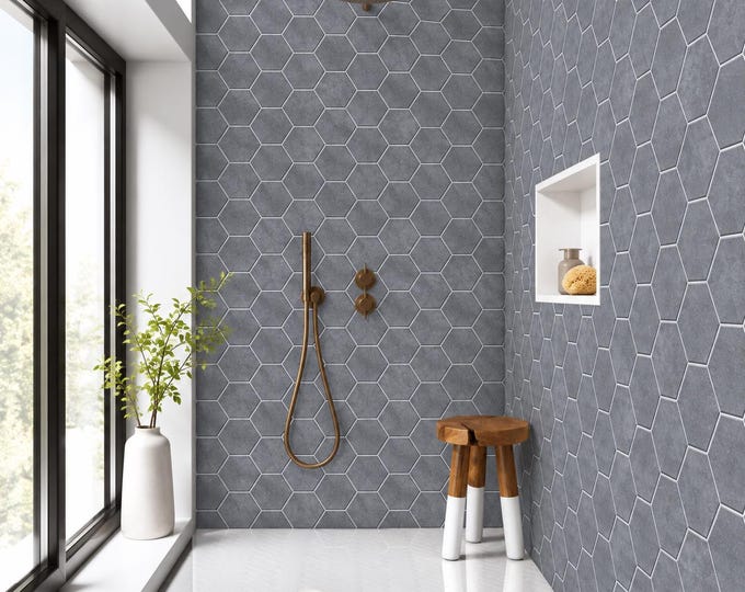Hex Tile Shower Panel, Grey Honeycomb Wall Mural, Waterproof Geometric Bathroom Decor