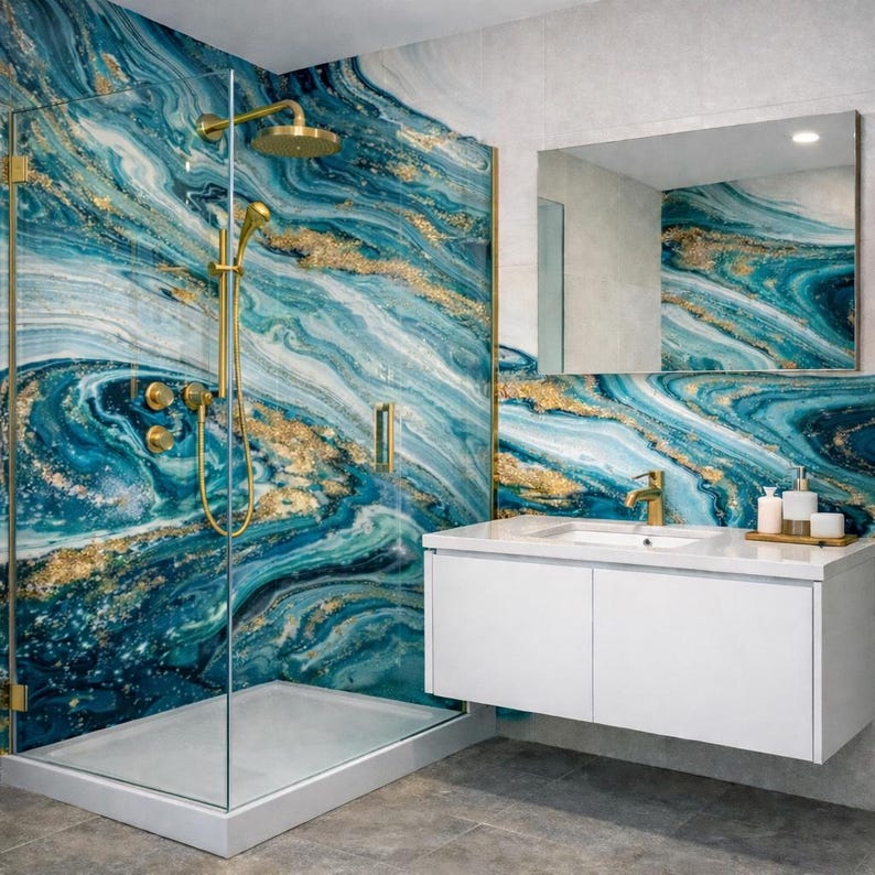 Blue Marble Tile Shower Panel 48" X 96", Waterproof Bathroom Cladding ...