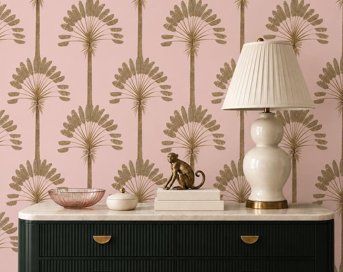 Art Deco Palm Tree Wallpaper – Vintage Botanical Seamless Pattern, Luxury Pink & Gold Wall Mural