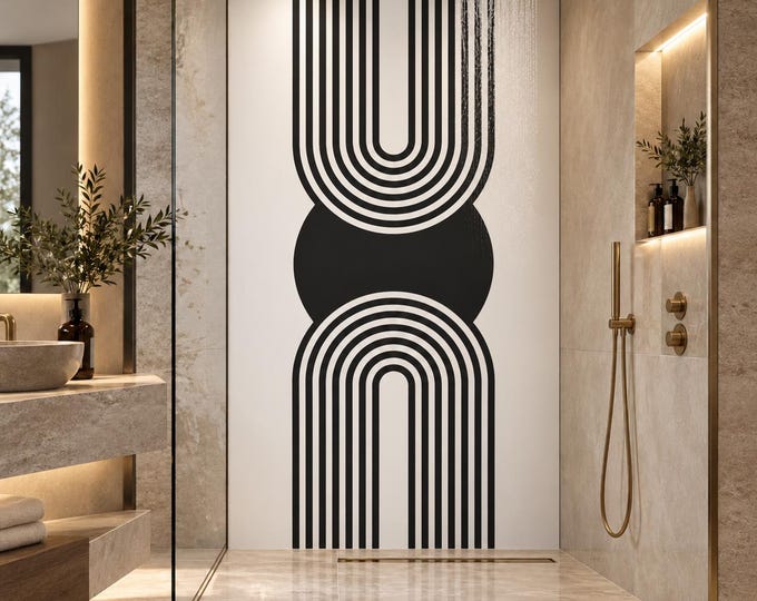 Black & White Retro Arch Shower Panel – Minimalist Geometric Bathroom Wall Panel