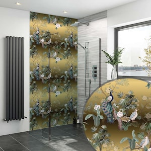 Golden Birds Waterproof Shower Panel, Grout-Free Bathroom Wall Cladding